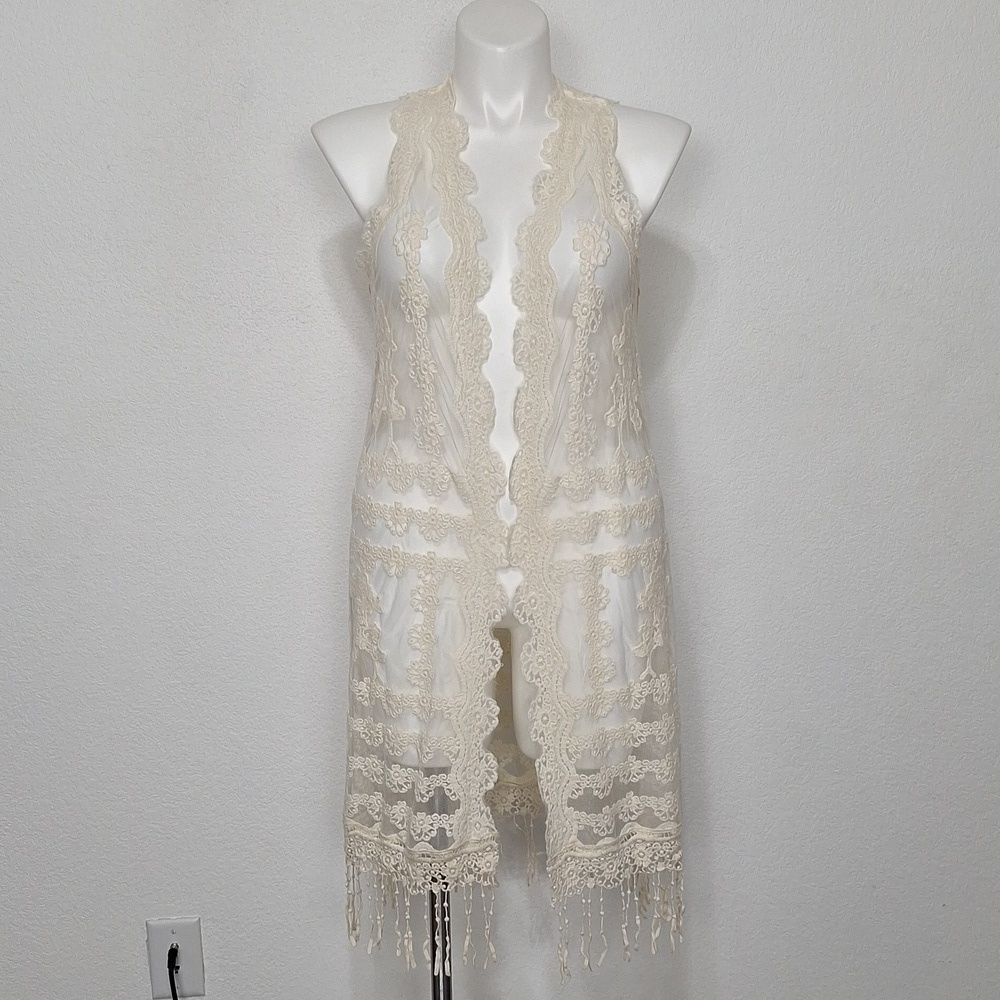 ODDY "NEW" Cream Bohemian Indie Lace Fringe Open Front Duster Cardigan One Size